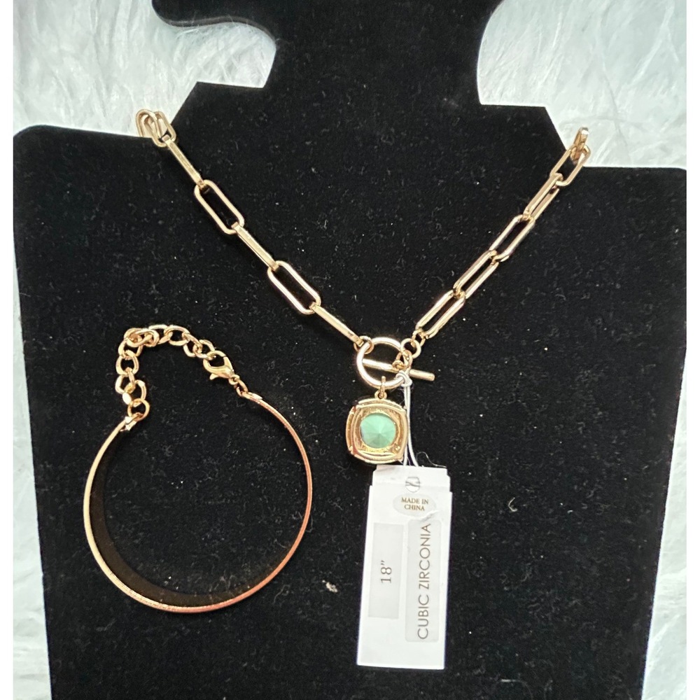 Bella Jack Gold Tone Paperclip Necklace Square Gem Pendant Bracelet Set 18"#314